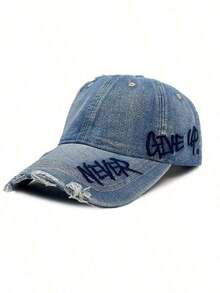 1pc New Distressed Frayed Embroidered Letter Baseball Cap, Fashion Versatile Sunshade Hat - 藍色 - 查看 2