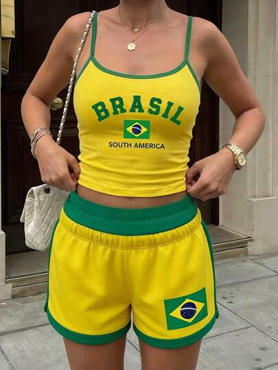 女士夏季纯色无袖吊带背心，巴西印花衬衫，啦啦队服，时尚Y2K风格，适合夏季度假、海滩、街头、日常、工作、办公室派对、郊游、狂欢节、音乐节、情人节、派对等场合。女士度假服装。优雅女士办公室服装、夏季上衣、可爱上衣、女士假日装、约会之夜吊带背心、女士优雅上衣、女士夏季休闲装、女士度假装。