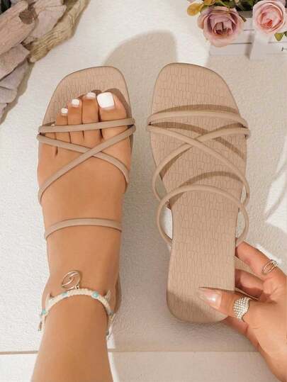 planare Women's Fashionable And Elegant Black & Khaki Striped Square Toe Slip-On Flat Sandals, Suitable For Casual, Party, Date, Daily Commute, Stable And Comfortable Wear, Stylish And Graceful Ladies Flat Slippers