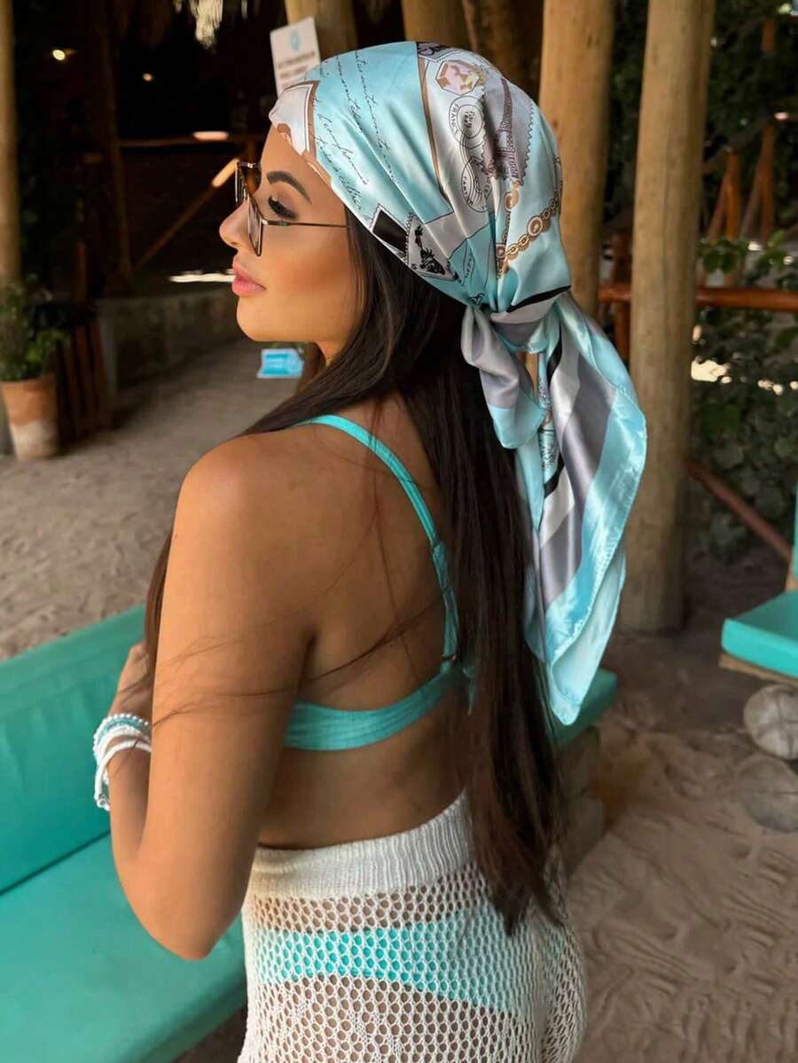 1 chiếc khăn bandana nữ màu xanh nhạt in họa tiết, hình vuông 90cm, khăn trùm đầu thường ngày, khăn chống nắng khi đi du lịch, quà tặng dự tiệc cho váy. - Màu xanh nhạt - Xem 1
