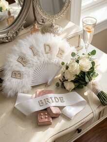 2pcs/Set - Bridal Feather Fan & Belt Set, White Fluffy Hand Fan With "Bride" Letter Pearl Decor, Bridesmaid Party Bridal Shower Wedding Photography Bridal Accessories, Bridal Party Decor, Wedding Greeter Decoration - White - View 4