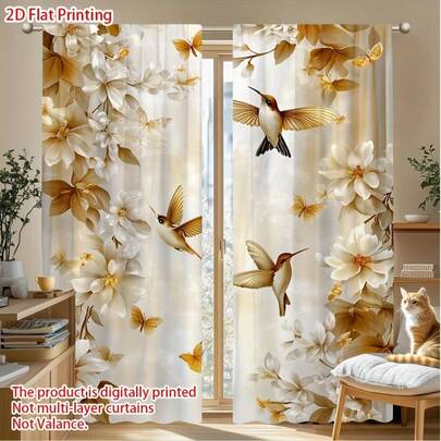 2片装复古花卉蜂鸟蝴蝶印花窗帘 - 适用于浴室、咖啡厅、卧室和客厅等房间装饰，采用杆袋式设计，保护隐私，2D图案设计