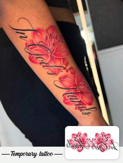 1pc Valentine's Day Limited Edition Y2K Style Red Lily Flower & English Letter Waterproof Sweatproof Washable Temporary Tattoo, Suitable For Arm & Shoulder, Realistic Lasting 3-5 Days