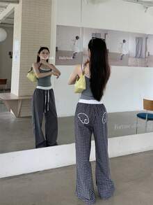Quần ống rộng kẻ sọc rộng rãi có cạp chun in hình cánh chim, họa tiết chắp vá - Màu xanh lam - Xem 5