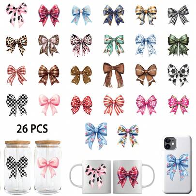 26PCS Coquette Bow Vibes UV DTF Stickers (2.75x3.5in), Leopard Sports Floral Bow Decals For Coffee Mugs, Ceramic Cups, Phone Case, DIY Aesthetic Craft Gift