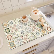 1pc Dish Drying Mat, Coffee Machine Mat, Classic Floral & Geometric Pattern Design, Highly Absorbent, Suitable For Dining Table And Cafe, Multi-Purpose Drainage Mat, Home Gift, Tabletop Decor - XYLSD-116 - View 6