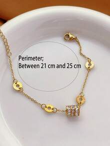 2/1 Pc Shiny Zirconia Roman Numeral Women Stainless Steel Bracelet Jewelry Set, Non-Fading, Stackable Or Wearable Alone, Suitable For All Occasions - Gold - View 5