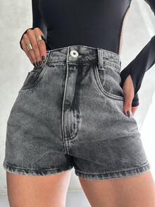 Black Denim Shorts Without Belt, Women's Casual High-Waisted Denim Shorts With Embroidery, Natural Denim Shorts For Teenagers, Beltless. - 灰色 - 查看 1