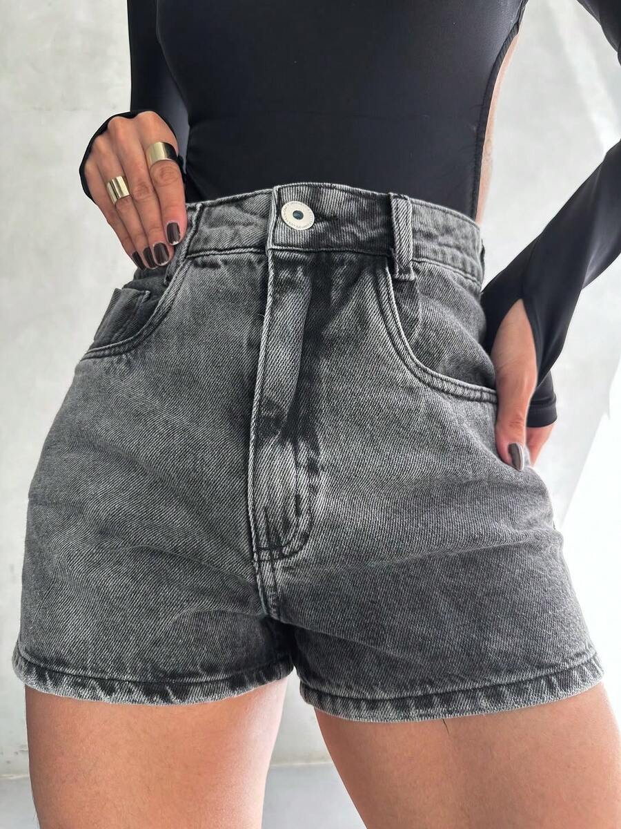 Black Denim Shorts Without Belt, Women's Casual High-Waisted Denim Shorts With Embroidery, Natural Denim Shorts For Teenagers, Beltless. - 灰色 - 查看 1