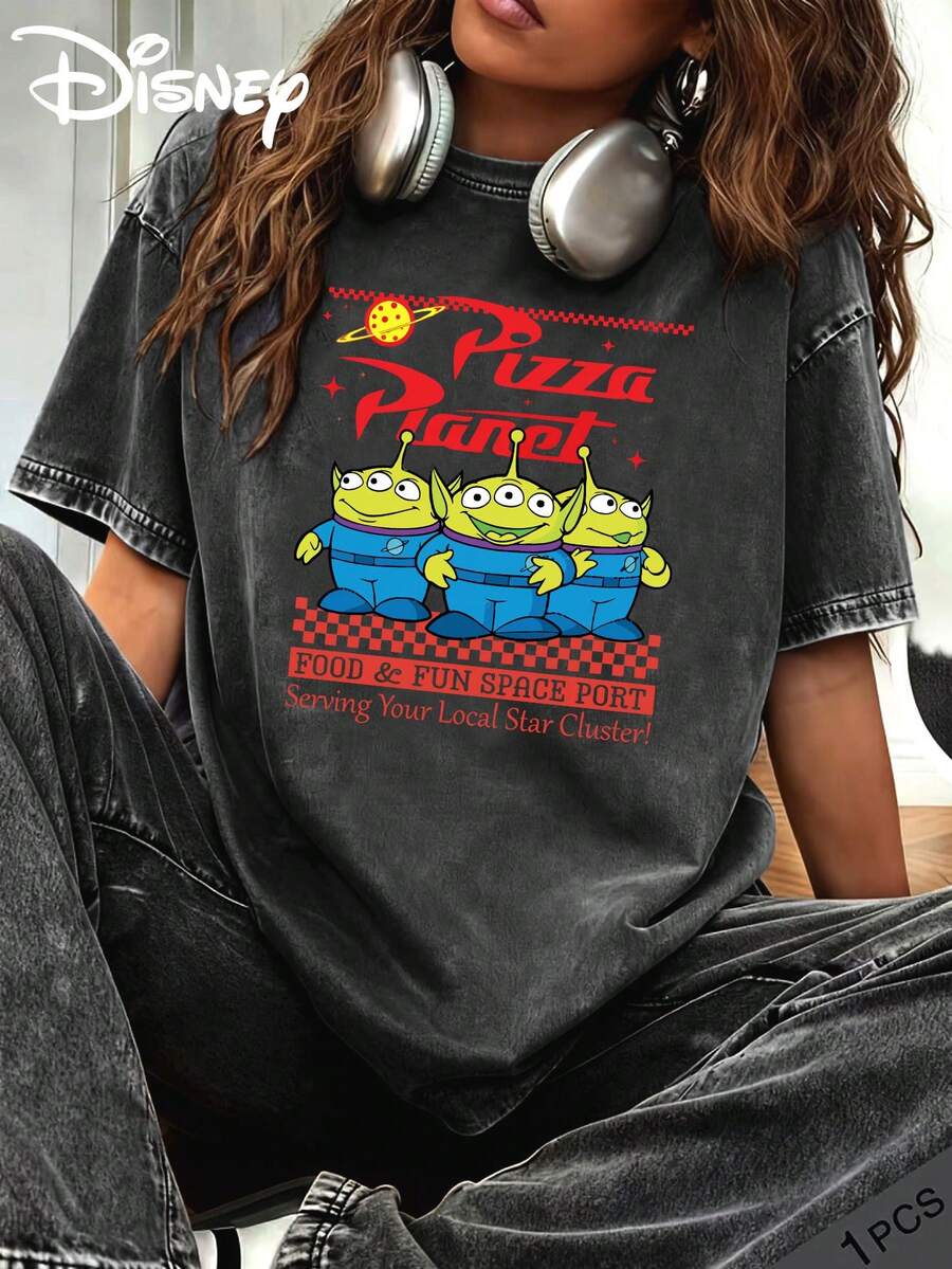 Disney Summer Clothing With Toy Story Little Green Aliens Print, Washed Cotton Crew Neck Loose Short Sleeve T-Shirt, Slight Stretch Fabric, Suitable For Daily, Vintage And Streetwear - màu đen - Xem 1