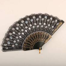 1pc Exquisite Golden Lace Floral Folding Hand Fan, Suitable As An Accessory For Weddings, Parties And Other Events. - Gold Sequin Version - View 9