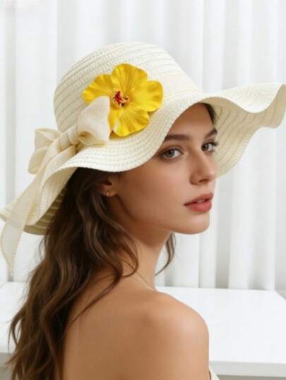 Sombrero de playa de verano para mujer, sombrero de sol con lazo ajustable y flor hawaiana con protección UPF 50+, transpirable y plegable con moño, decorado con flor de hibisco, adecuado para vacaciones de verano, viajes y uso al aire libre