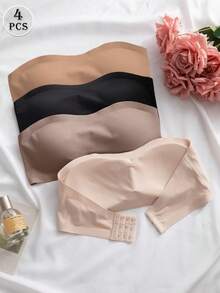 4pcs/Set Multi-Color Women's Back Closure Bra, Seamless Lining, One-Piece Design, Comfortable Camisole Style Lingerie - Multicolor - View 3