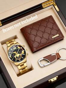 3pcs Casual Fashion Quartz Watch, Brown PU Leather Wallet And Keychain Set For Teenage Boys (No Gift Box), One Size Fits All, With Calendar, Suitable For Casual, Daily, Holiday And Various Occasions - Gold - View 10