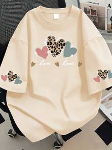 T-shirt col rond à imprimé cœur, top pour femmes grandes tailles, convient pour les vacances, la fête des mères, la Saint-Valentin, la rentrée scolaire et le port quotidien. Décontracté pour l'été - Nude - Voir 1