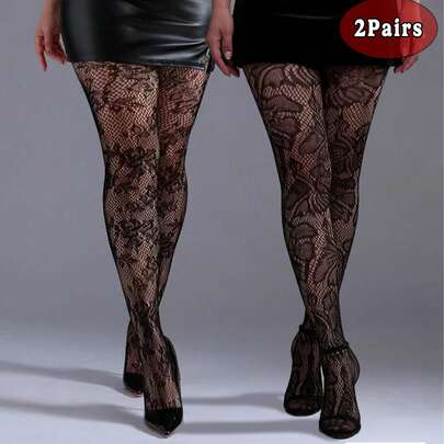 2pcs Plus Size High Stretch Floral Fishnet Leggings, Gothic Tights For Halloween Costume, Women's Fashion Opaque Sexy Mesh Black Stockings, Y2K Style