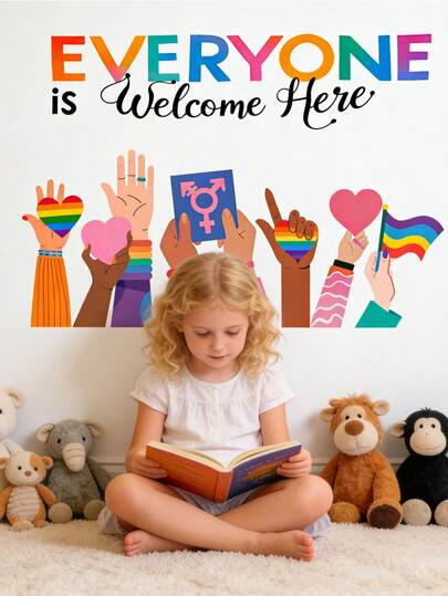 Cartoon Colorful Welcoming Art Gesture Stickers With Inspiring English Phrases Self-Adhesive Wall Decals For Kids Room And Nursery Decor