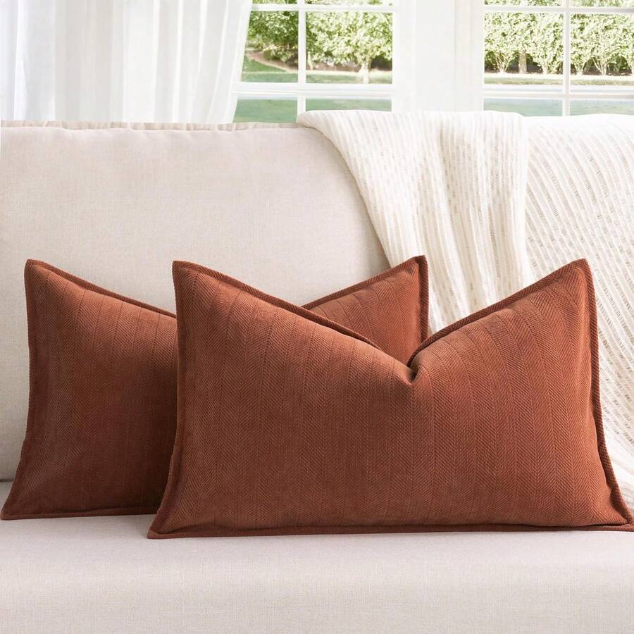 1pc Chenille Herringbone Pattern Throw Pillow Cover (Pillow Insert Not Included), Farmhouse Style Home Decor Sofa Cushion Cover, Solid Color Home Decoration Suitable For Bedroom, Balcony, Living Room, Dining Room - Orange - View 1