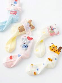 5双装女童/幼儿网眼中筒袜，白色、黄色、蓝色、粉色、橙色、红色，撞色拼接，多色拼接，卡通熊、兔子、猫、鱼、字母、爱心、星星图案，条纹中筒袜，荷叶边装饰，舒适透气，可爱简约，春夏款，轻薄百搭，适合学生日常穿着，返校季必备，可搭配休闲运动鞋、皮鞋。 - 彩色 - 查看 2