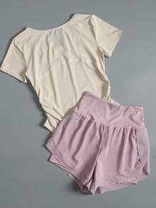 Fashionable 2-Piece Women's Yoga Sports Set, Casual Women's Yoga T-Shirt With Short Sleeves, Waist-Cinching, Ruched, Breathable Short Sleeves, High-Waisted, Butt-Lifting Yoga Sports Shorts, Anti-Exposure Design, With Pockets, Suitable For Running, Yoga, Tennis, Workouts, Cycling, Casual Outings, Evening Dates, And As A Gift For Independence Day, Labor Day, Halloween,  & Fall/Winter - Hồng + Tím hồng - Xem 7