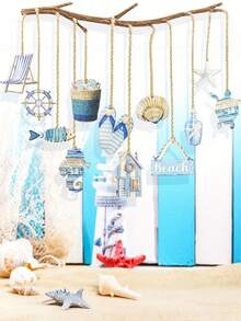 12pcs Wooden Marine-Themed Hanging Decorations, Summer Ocean Animal Decorations, Ocean Fish Ornament, Summer Decor, Home Decor, Nautical Theme Party - Multicolor - View 5