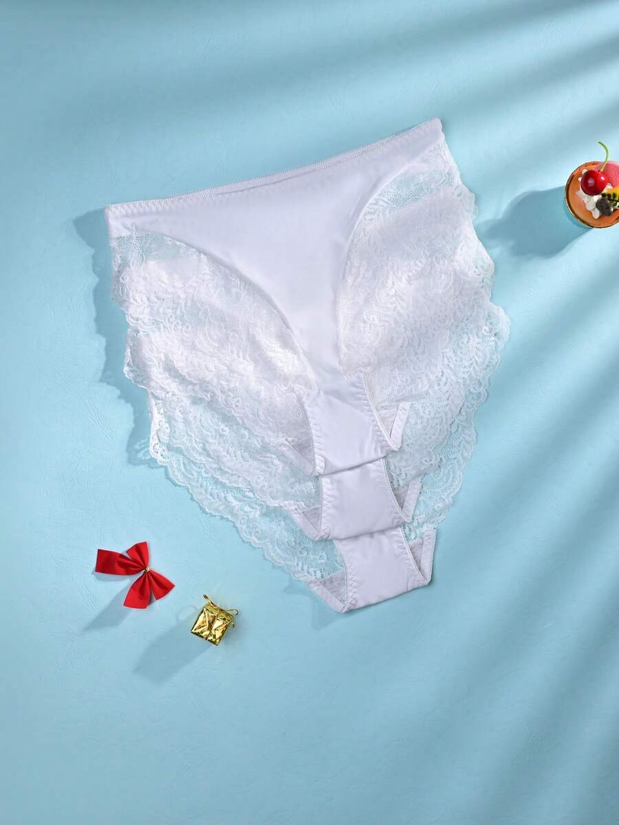 3件套女士白色蕾丝边舒适性感内裤 - 白色 - 查看 1
