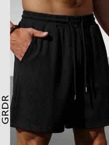 GRDR 男士极简黑色抽绳短裤，纹理面料，舒适休闲通勤短裤，夏季之选 - 黑色 - 查看 2