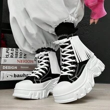 SLNU★3 品牌男士休闲鞋，帆布高帮运动鞋，情侣鞋，大码 - 黑白流蘇 - 查看 8