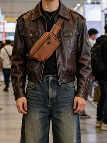 纯色尼龙面料时尚百搭运动风简约休闲男士胸包，多功能手机袋零钱包旅行运动包 - 咖啡棕 - 查看 2