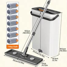 Mop And Bucket Set Measuring 12.99 By 15.75 Inches, Featuring A Wet And Dry Flat Mop, And Includes 2, 4, Or 7 Ultra-Fine Fiber Replacement Pads That Are Machine Washable; Ideal For Cleaning Floors, Walls, And Various Rooms Like The Living Room - 12.99美元,包含拖把,水桶和4個拖布 - 查看 8