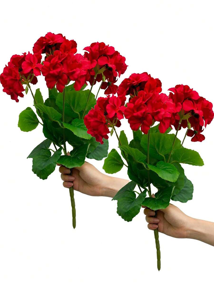 1/4 pieza Flor de geranio de seda artificial, planta de geranio falsa para decoración del hogar, jardín interior, balcón, tumba, jarrón, mesa - Rojo - Ver 1