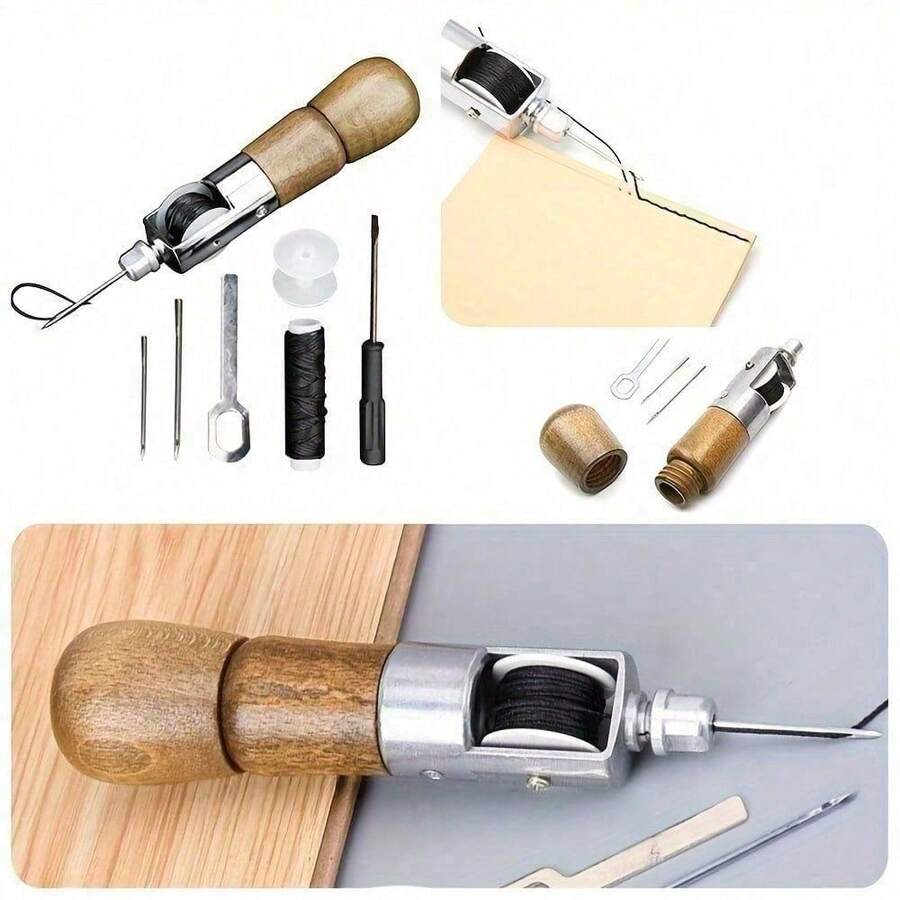 Mixed Color Handheld DIY Leather Sewing Machine With Wax Thread & Canvas Cone, Ideal For Sewing Enthusiasts & Craft Lovers - Wood - View 1