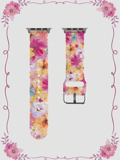 1条彩色水彩花卉图案柔软弹性透气替换表带，适用于三星、荣耀智能手表，尺寸可选38mm、40mm、41mm、45mm、44mm、42mm、46mm、49mm，花卉图案，日常及节日礼物之选，时尚休闲硅胶表带，兼容 Ultra SE/11/10/9/8/7/6/5/4/3/2/1