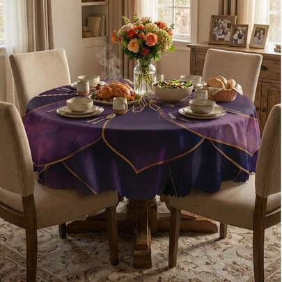 1 Pc Purple & Gold Abstract Leaf & Gold Foil Print Round Tablecloth, Elegant European Chic Cozy Home Premium Polyester Waterproof Stain Resistant Table Cover, Spill Proof Fade Resistant Easy Care Tablecloth, Perfect For Fireplace Side Dining, Autumn Winter Decor, Romantic Meals, Premium Kitchen & Home Necessity
