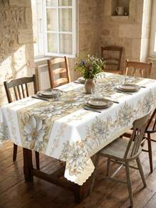 1 Piece Delicate White Gold Floral Scroll & Lace Trim Round Tablecloth, Versatile Traditional Glam Polyester Waterproof Stain Resistant Table Linen, Oil Proof Wrinkle Free Reliable Table Cover, Great For All Occasions, Housewarming Gifts, Wedding Receptions, Year-Round Kitchen & Dining Decor, Must-Have Home & Party Accessory - Multicolor - View 8