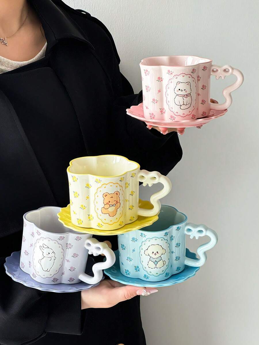Bộ 1 tách và đĩa cà phê chất lượng cao, cốc sứ hoạt hình dễ thương dành cho nữ, thiết kế hình thỏ/gấu/chó/mèo, thích hợp dùng trong nhà, uống trà chiều, sữa, latte, món quà lý tưởng cho bạn gái, mẹ.