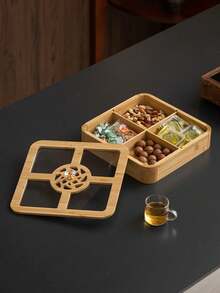 1pc Wooden Tray With Dust Cover, Divided Storage Round Service Platter, Cafe Dessert Tray, Storage Dish, Cake And Snack Plate - Multicolor - View 5