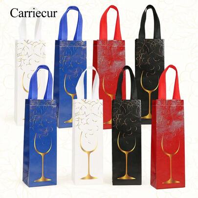 CARRIECUR Túi quà tặng rượu vang đơn có tay cầm, túi đựng rượu vang không dệt mạ vàng có thể tái sử dụng, túi đựng rượu vang nhiều màu sắc với họa tiết ly rượu và chùm nho, thích hợp làm quà tặng rượu vang, quà sinh nhật, quà cưới, quà Giáng sinh, quà tân gia, quà ngày lễ, quà tiệc tối.