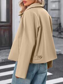 Women's Plaid Lining Short Trench Coat, Lightweight Button Down Jacket With Pockets, Casual Preppy Workwear For Spring Summer - Màu be - Xem 2