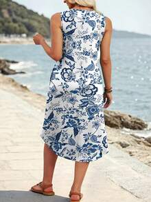 Vestido casual sin mangas con botones delanteros y estampado para mujer talla grande, adecuado para uso diario & vacaciones elegantes de verano - Azul - Ver 4