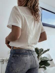 女款夏季拼接梭織面料前開襟鈕扣休閒輕便白色襯衫上衣 - 白色 - 查看 4