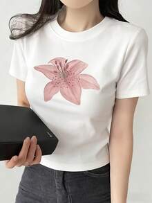 Women's White Short Sleeve Round Neck Polyester T-Shirt With Pink Lily Flower Print, High Stretch Fabric, Cropped Fitted Top, Suitable For Office, Casual And Daily Wear Summer - White - View 2