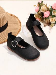 1 Pair Black Plus Size Girls' Flat Shoes, Solid Color Soft Fabric With Glitter, Side Rhinestone Decor, Classic Shallow Design, Round Toe Soft Sole Comfortable Casual Princess Shoes, Suitable For 3-12 Years Old Daily, Party, Stage, Travel, Indoor/Outdoor Wear, Spring/Summer New Arrival - Black - View 1