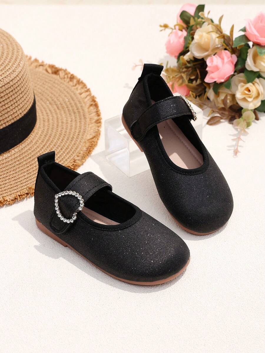 1 Pair Black Plus Size Girls' Flat Shoes, Solid Color Soft Fabric With Glitter, Side Rhinestone Decor, Classic Shallow Design, Round Toe Soft Sole Comfortable Casual Princess Shoes, Suitable For 3-12 Years Old Daily, Party, Stage, Travel, Indoor/Outdoor Wear, Spring/Summer New Arrival - Black - View 1