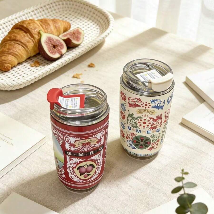 新款高品质双面图案保温杯，办公便携杯，咖啡杯，户外旅行车载杯，不锈钢材质，真空保温饮料杯，适合学生和成人居家、学校、办公室、聚会、露营、野餐等场合使用。杯身两面图案不同。 - 彩色 - 查看 1