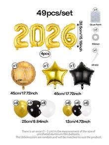 49件組 2026畢業派對裝飾氣球套裝，18英吋「Congratulations Graduation」圓形金色氣球，18英吋金/黑星形氣球，畢業主題派對拱門裝飾道具，10英吋金/黑/白乳膠氣球 - 查看 2