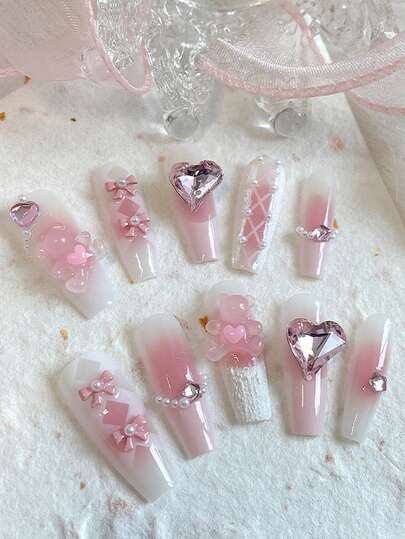 10 miếng dán móng tay bóng, có thể tháo rời, thiết kế móng tay ballet mới giúp ngón tay trông dài hơn, hiệu ứng ombre hồng trắng + phong cách cá tính, nền trắng sữa với hiệu ứng chuyển màu hồng nhẹ nhàng, tạo vẻ mờ ảo và sạch sẽ, móng hình thang cỡ trung bình tôn dáng bàn tay, trang trí móng tay thời trang phù hợp cho tiệc tùng, dạ hội, sử dụng hàng ngày, có thể tái sử dụng cho phụ nữ và bé gái, bao gồm 1 lọ gel dán và 1 dũa móng tay.