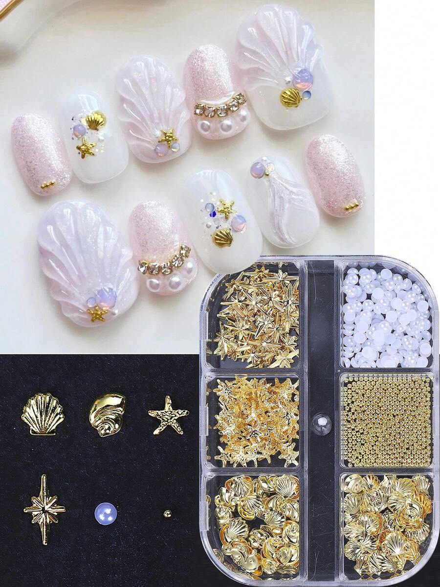 6件套金属海洋风美甲装饰品,金色海星、贝壳、珍珠、星形吊坠,美甲沙龙用品,适合女性和女孩DIY夏季美甲 - 彩色 - 查看 1