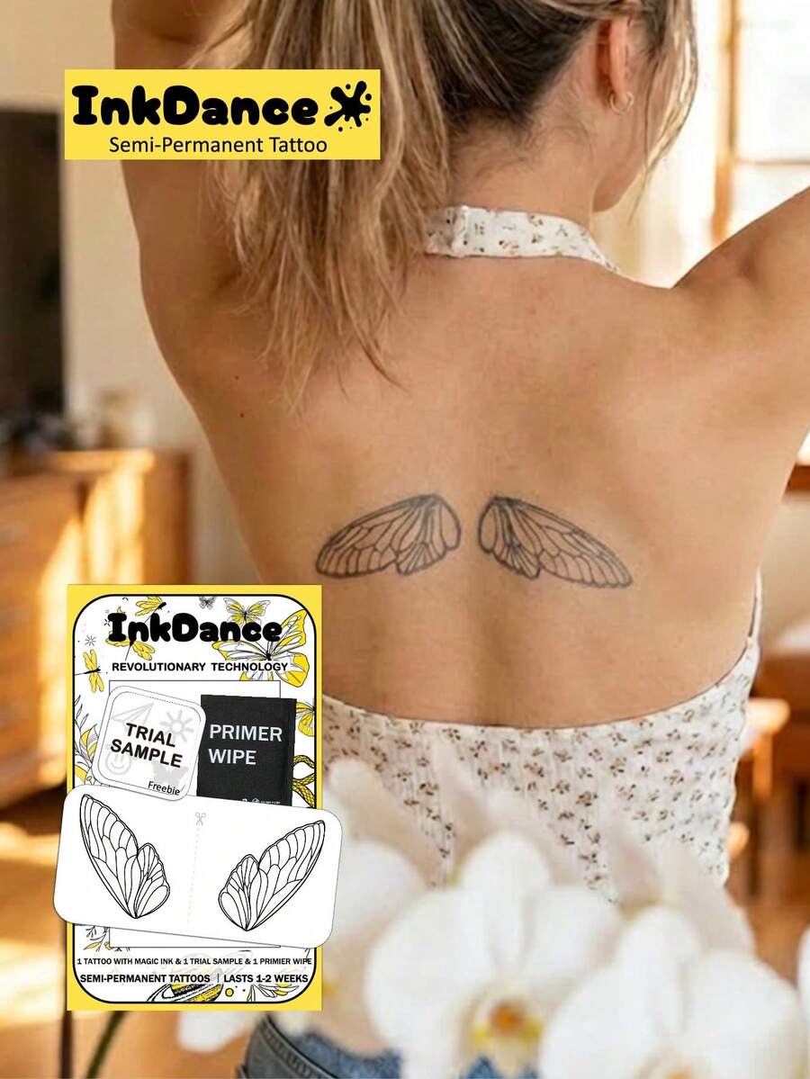 1 Set "Fairy Cicada Wing" Temporary Tattoo, Semi-Permanent Tattoo, 3 Sheets (1 Paper), Durable Realistic Tattoo Appearance, Plant-Based Material D326 - Black - View 1