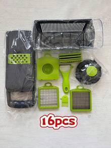 16 件多功能厨房网状磨碎器套装 - 蔬菜切片机、水果切片机、洋葱切碎机、土豆磨碎器、可互换刀片、带容器的手动食物切碎机 - 非常适合家庭烹饪、餐食准备和厨房整理，方便制作沙拉，厨房工具 - 彩色 - 查看 16